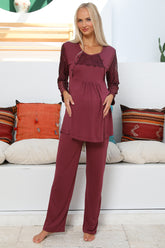 MOMMYSH® 55303 Elegance Dantel Kollu Lohusa Pijama Takımı Mürdüm