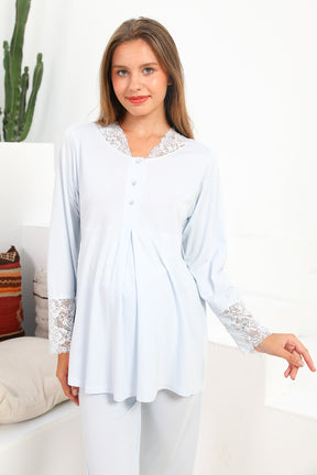 MOMMYSH® 704104 Dream Welsoft Dantel Yaka 4'lü Lohusa Seti Mavi
