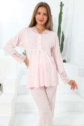 MOMMYSH® 55304 Dream Dantel Yaka Lohusa Pijama Takımı Pembe