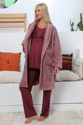 MOMMYSH® 55702 Silence Welsoft Sabahlıklı Dantel İşlemeli Lohusa Pijama Takımı Mürdüm