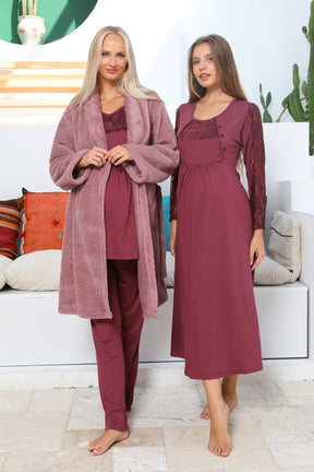 MOMMYSH® 703103 Elegance Welsoft Dantel Kollu 4'lü Lohusa Seti Mürdüm