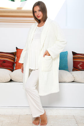 MOMMYSH® 55703 Elegance Welsoft Sabahlıklı Dantel Kollu Lohusa Pijama Takımı Ekru