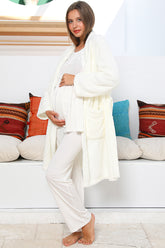 MOMMYSH® 55703 Elegance Welsoft Sabahlıklı Dantel Kollu Lohusa Pijama Takımı Ekru