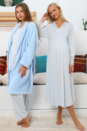 MOMMYSH® 704104 Dream Welsoft Dantel Yaka 4'lü Lohusa Seti Mavi