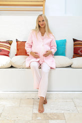 MOMMYSH® 55705 Princess Welsoft Sabahlıklı Dantelli Yaka Lohusa Pijama Takımı Pembe