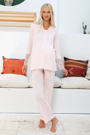MOMMYSH® 55705 Princess Welsoft Sabahlıklı Dantelli Yaka Lohusa Pijama Takımı Pembe