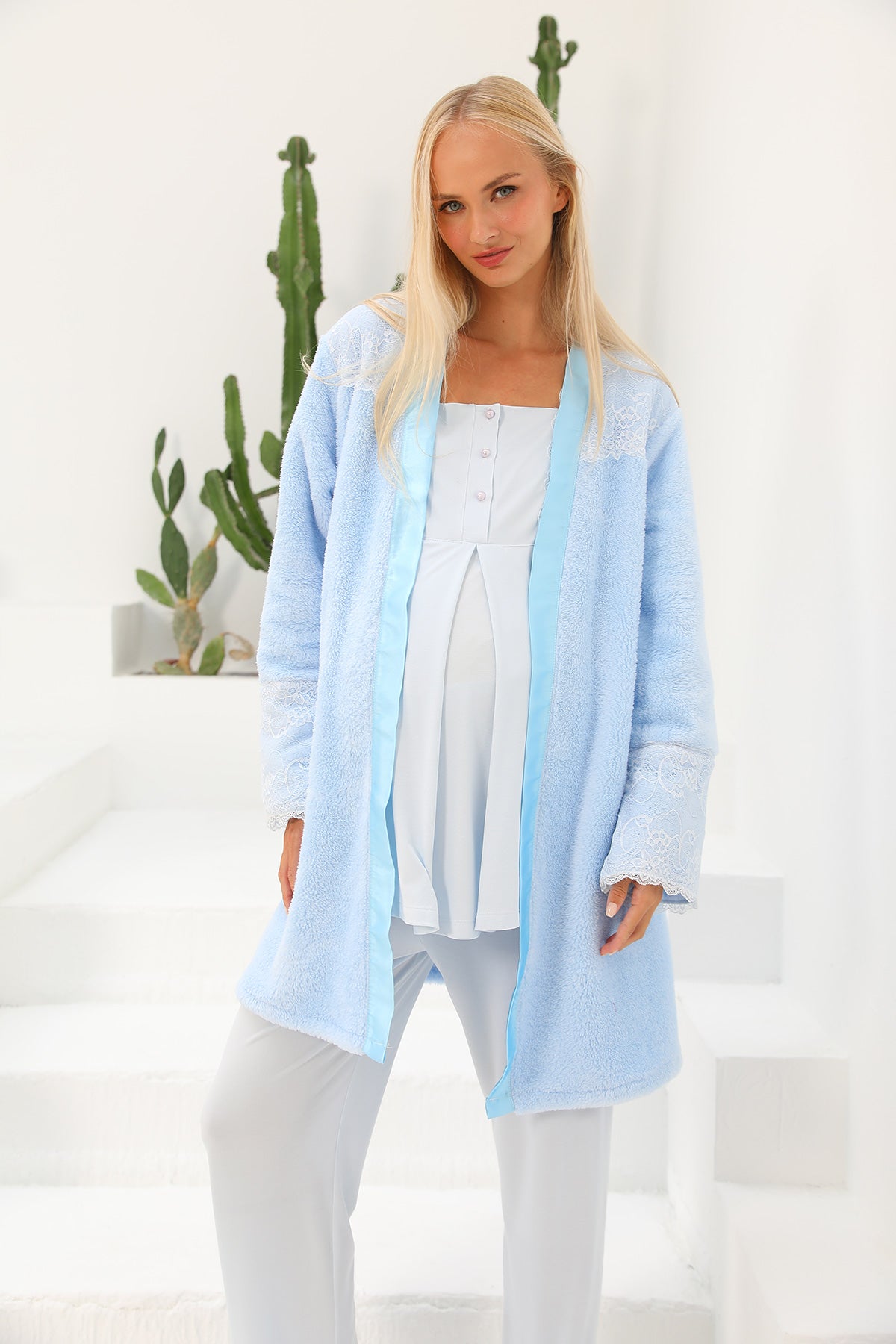MOMMYSH® 55706 Lotus Welsoft Sabahlıklı Dantelli Lohusa Pijama Takımı Mavi