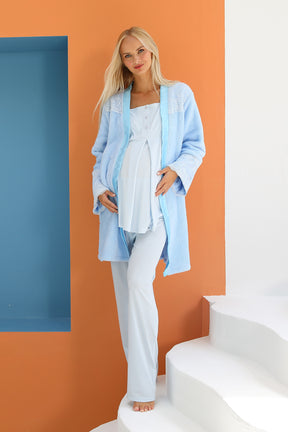 MOMMYSH® 55706 Lotus Welsoft Sabahlıklı Dantelli Lohusa Pijama Takımı Mavi