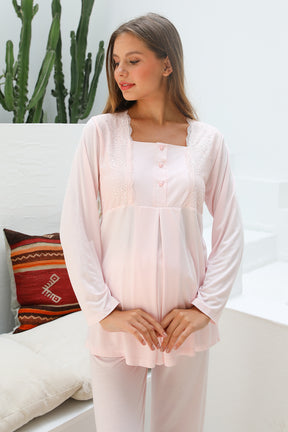 MOMMYSH® 55706 Lotus Welsoft Sabahlıklı Dantelli Lohusa Pijama Takımı Pembe
