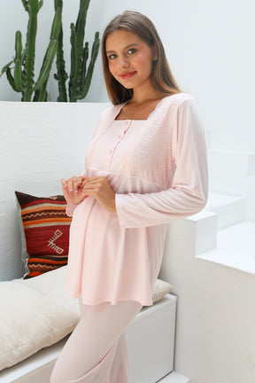 MOMMYSH® 55706 Lotus Welsoft Sabahlıklı Dantelli Lohusa Pijama Takımı Pembe