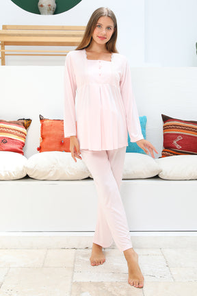 MOMMYSH® 55706 Lotus Welsoft Sabahlıklı Dantelli Lohusa Pijama Takımı Pembe