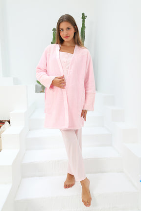 MOMMYSH® 55706 Lotus Welsoft Sabahlıklı Dantelli Lohusa Pijama Takımı Pembe
