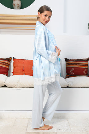 MOMMYSH® 55710 Angelic Saten Sabahlıklı Dantelli Lohusa Pijama Takımı Mavi