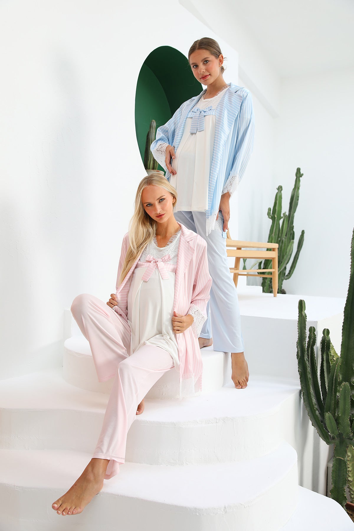 MOMMYSH® 55710 Angelic Saten Sabahlıklı Dantelli Lohusa Pijama Takımı Pembe