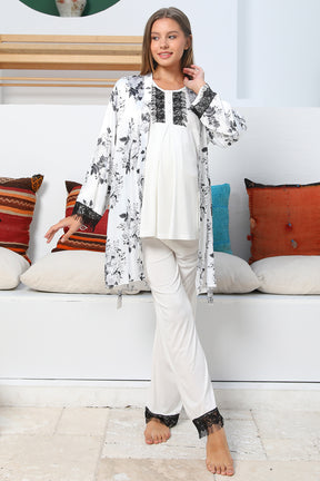 MOMMYSH® 55711 Adore Saten Sabahlıklı Dantelli Paça Lohusa Pijama Takımı Ekru