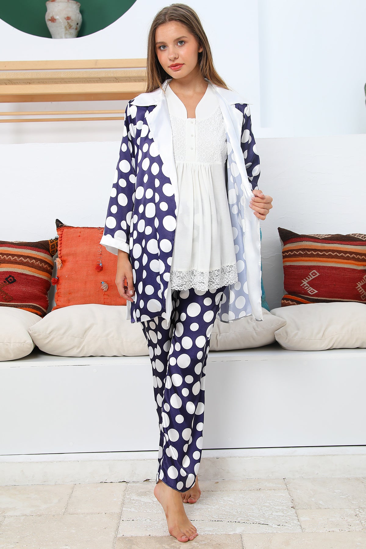 MOMMYSH® 55712 Moonlight Saten Sabahlıklı Dantel Kenar Lohusa Pijama Takımı Lacivert