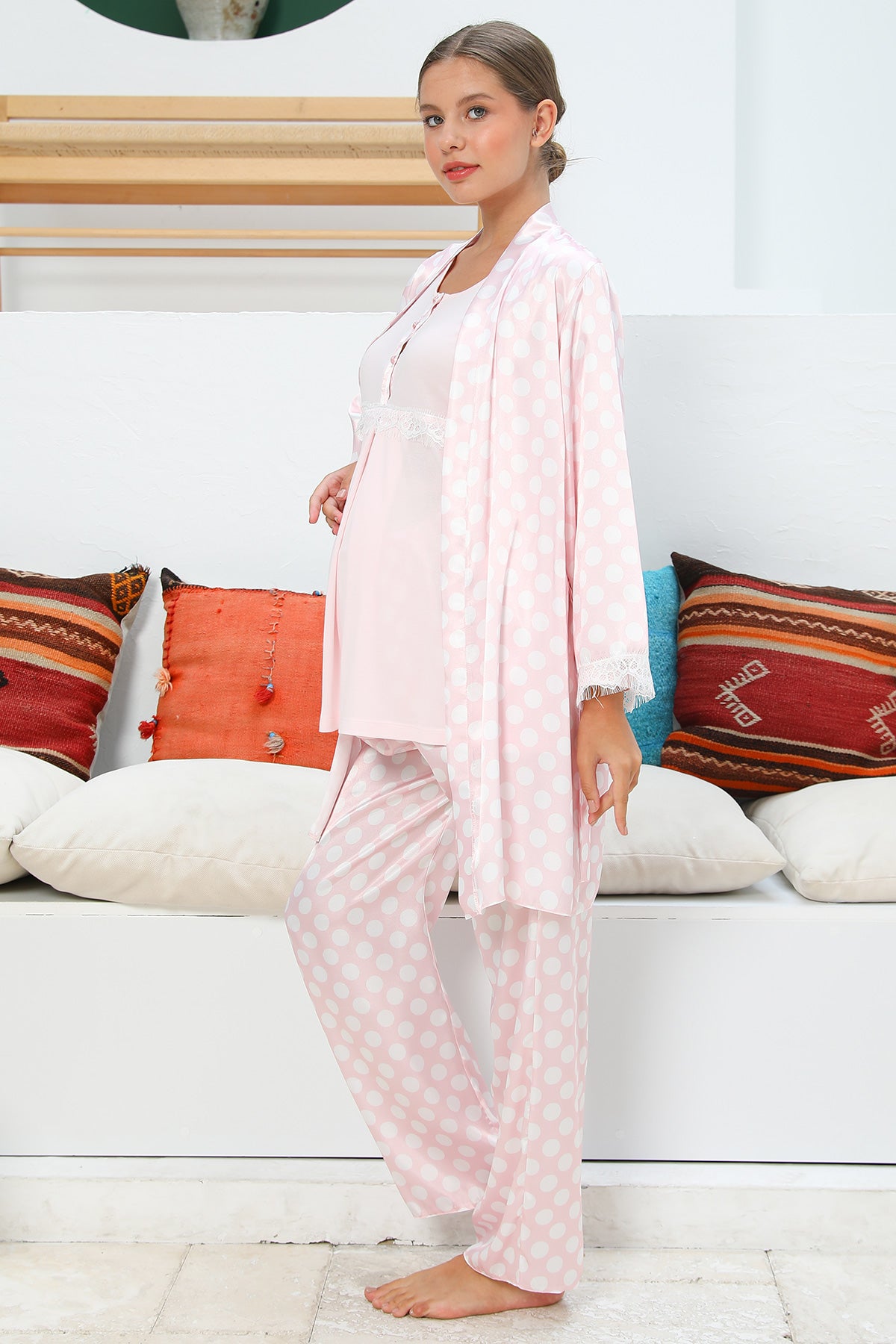 MOMMYSH® 55713 Venüs Saten Sabahlıklı Puantiyeli Lohusa Pijama Takımı Pembe