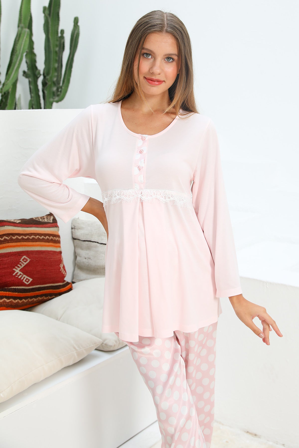 MOMMYSH® 55713 Venüs Saten Sabahlıklı Puantiyeli Lohusa Pijama Takımı Pembe