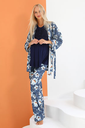 MOMMYSH® 55714 Blossom Çiçekli Sabahlıklı Dantel Kol Lohusa Pijama Takımı Lacivert