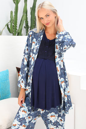 MOMMYSH® 55714 Blossom Çiçekli Sabahlıklı Dantel Kol Lohusa Pijama Takımı Lacivert