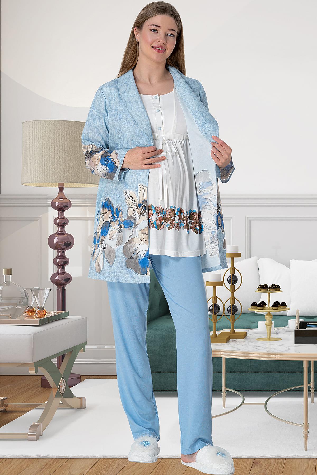 Çiçek Desenli Sabahlıklı Lohusa Pijama Takımı Mavi - 5800