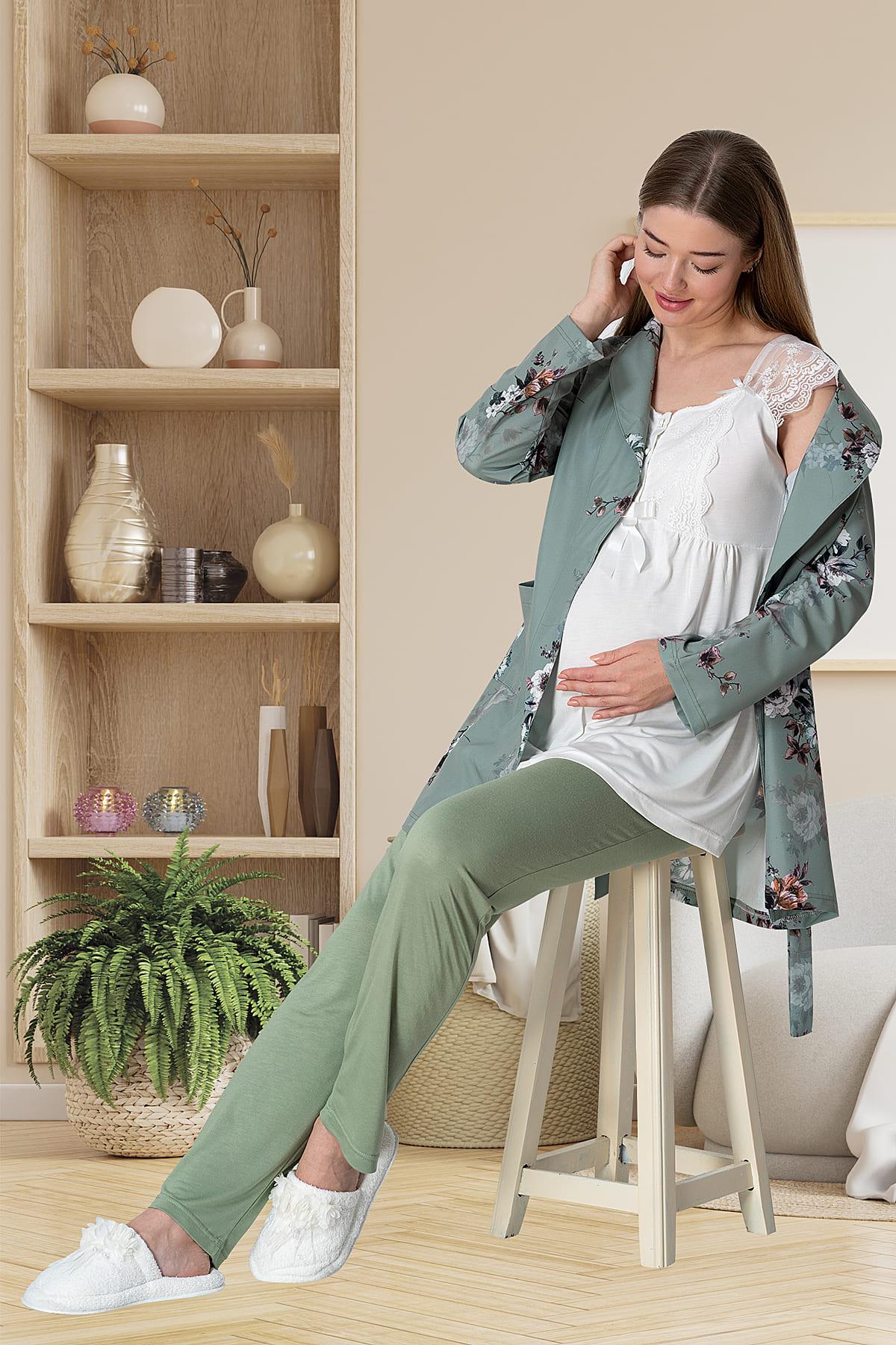Desenli Sabahlıklı Güpürlü Lohusa Pijama Takımı Yeşil - 5804