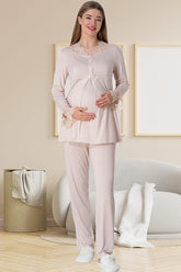 Dantelli Yaka Lohusa Pijama Takımı Pudra - 5808
