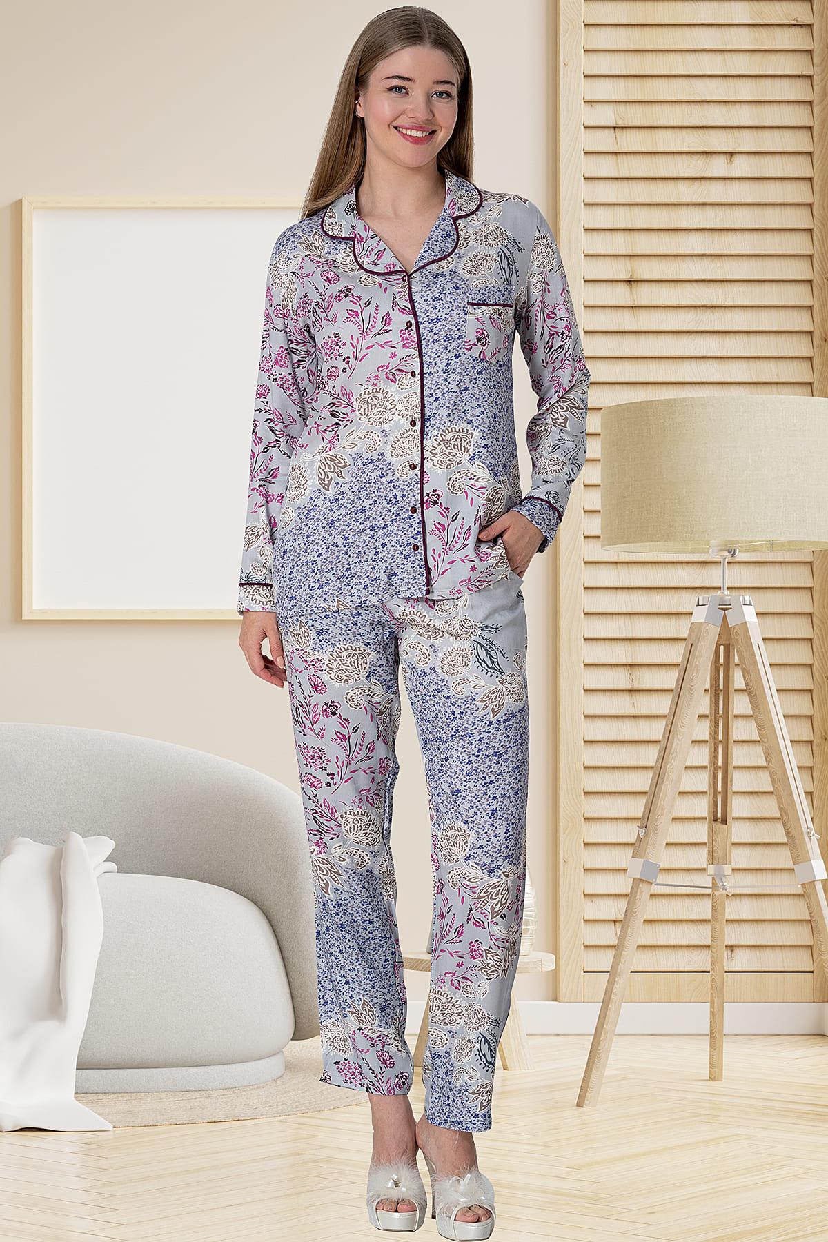 Desenli Önden Düğmeli Lohusa Pijama Takımı Gri - 5809