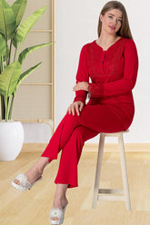 Güpürlü Lohusa Pijama Takımı Kırmızı - 5815