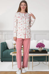 Desenli Büyük Beden Önden Düğmeli Lohusa Pijama Takımı Pembe - 5821