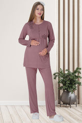 Kabartmalı Dantel Lohusa Pijama Takımı Gülkurusu - 5828
