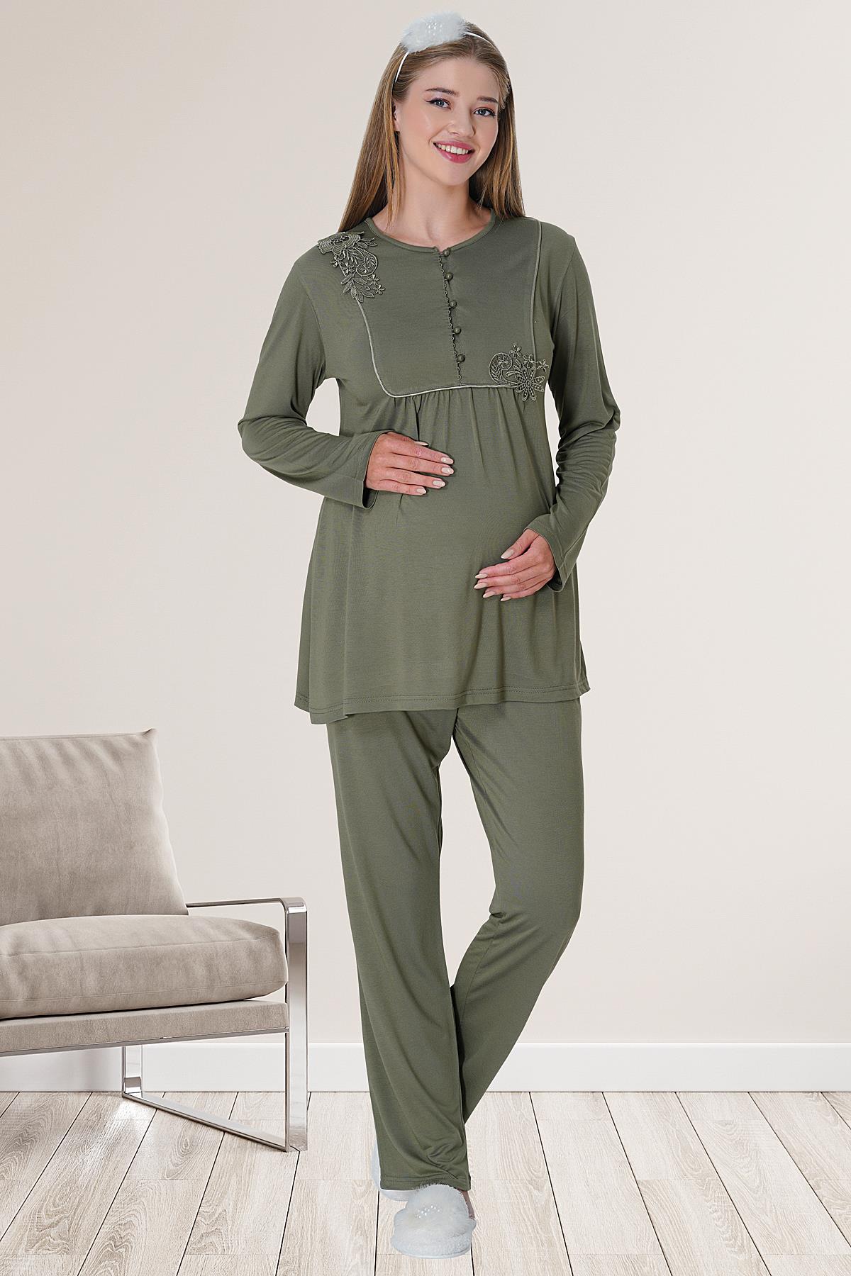 Kabartmalı Dantel Lohusa Pijama Takımı Yeşil - 5828