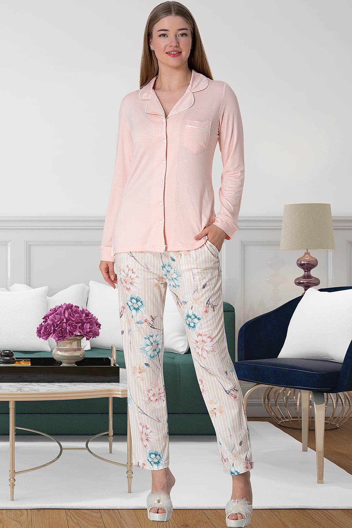 Biyeli Dokuma Önden Düğmeli Lohusa Pijama Takımı Pudra - 5850