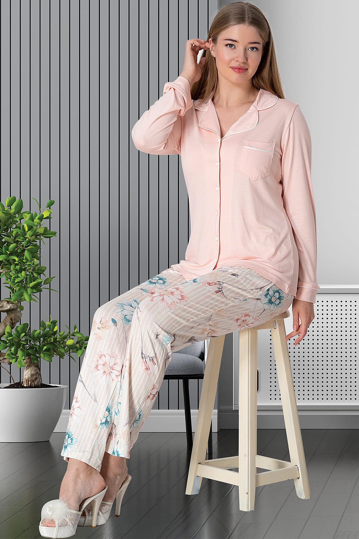 Biyeli Dokuma Önden Düğmeli Lohusa Pijama Takımı Pudra - 5850