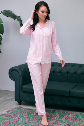 Dantelli Önden Düğmeli Lohusa Pijama Takımı Pembe - 9728 - Lohusa Sepeti
