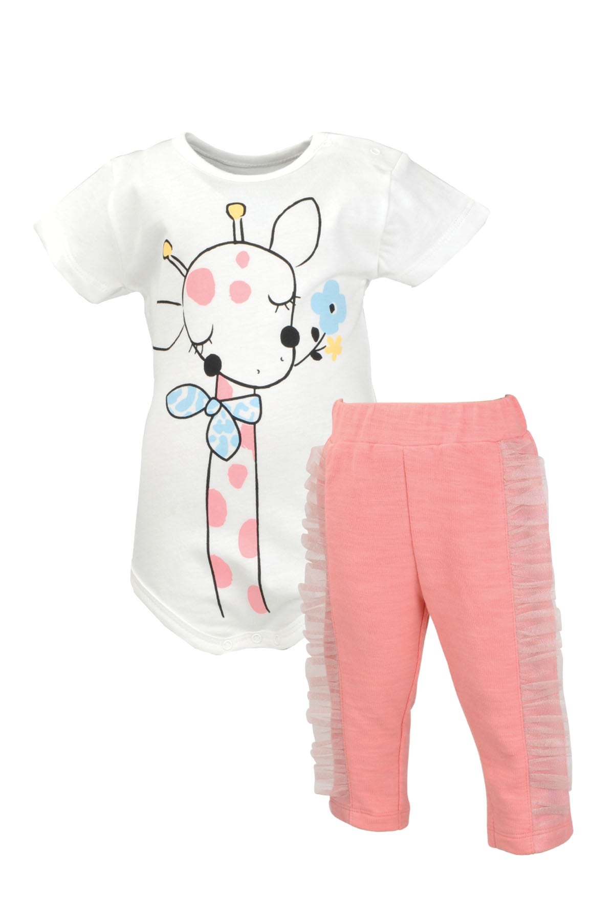 Kız Bebek Beyaz Giraffe T-Shirt ve Fırfırlı Alt Takım (3-24ay)-1