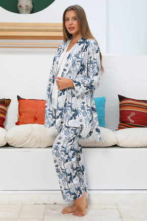MOMMYSH® 55715 Bloom Çiçekli Sabahlıklı Dantel Kenar Lohusa Pijama Takımı Ekru