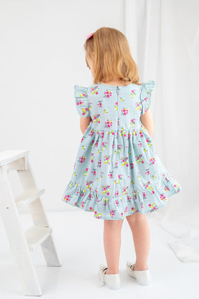 Kız Çocuk Desenli Fırfırlı Dokuma Elbise-1