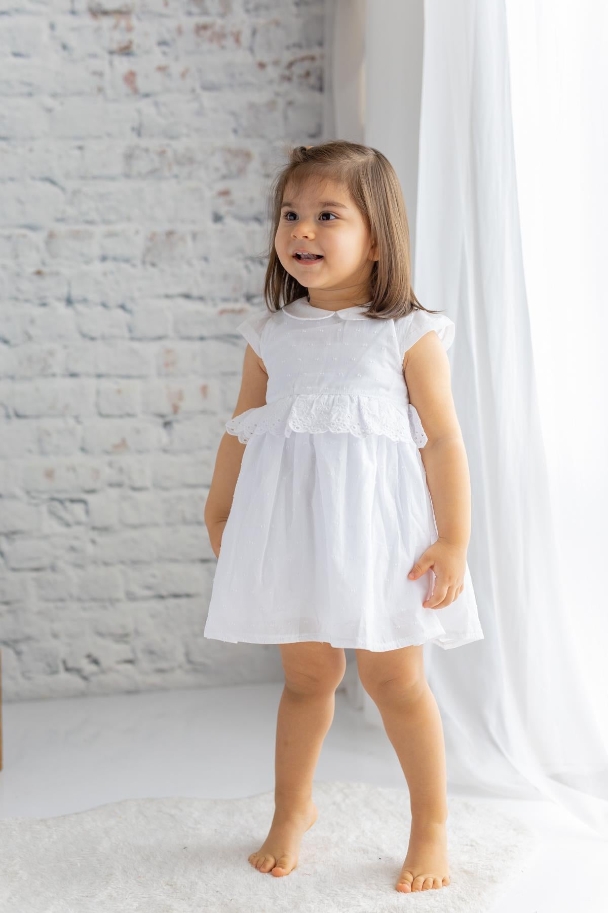 Kız Bebek Beyaz Bebe Yaka Elbise-0