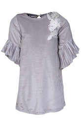 Kız Çocuk Gri Kolları Fırfırlı  Dantelli Çiçekli Elbise (5-12yaş)-0