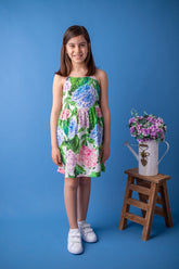Kız Çocuk Yeşil Çiçek Desenli Askılı Elbise (5-14yaş)-0
