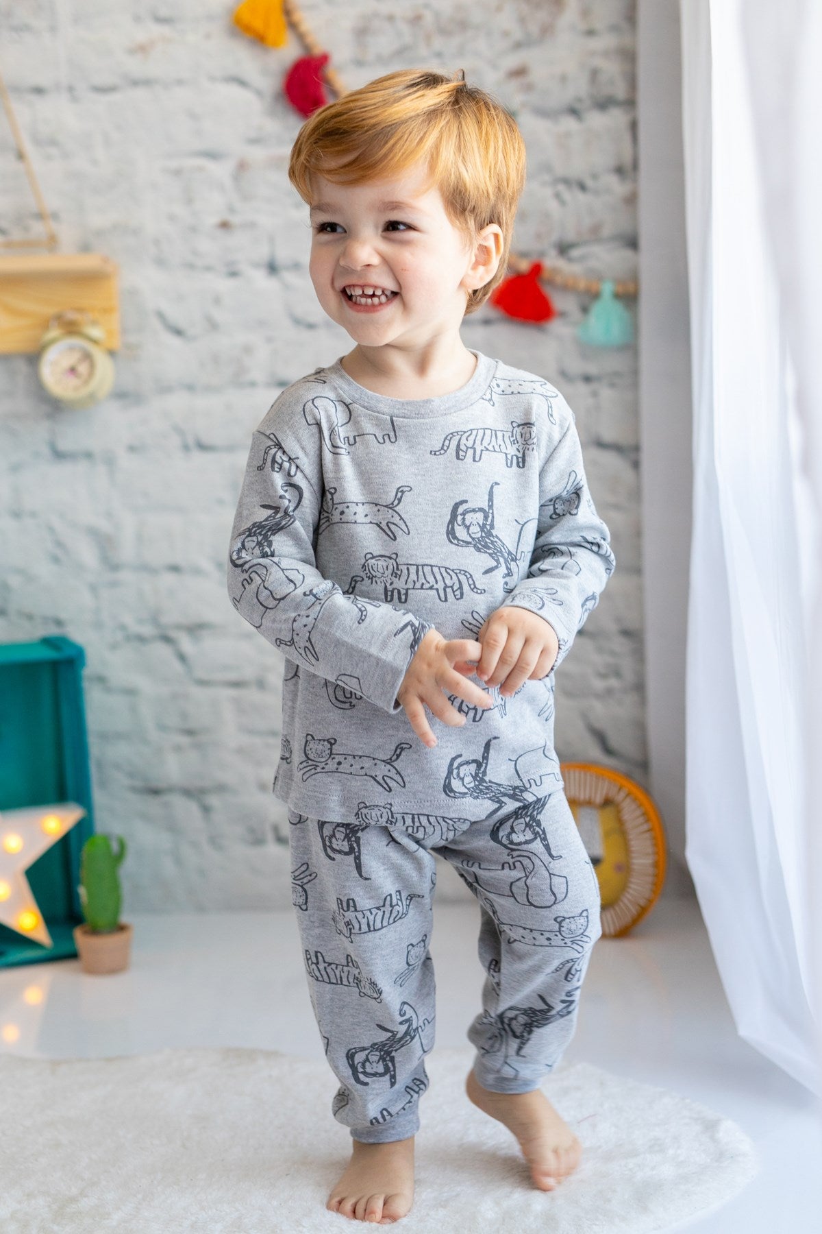 Erkek Çocuk Gri Hayvan Desenli Pijama Takımı-0