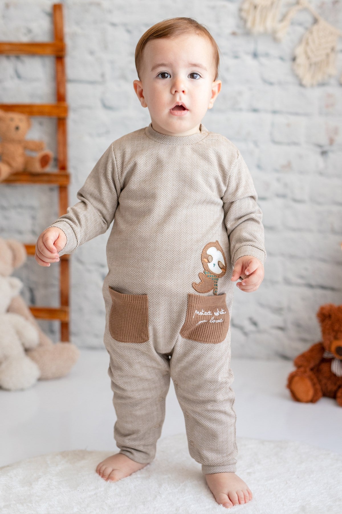 Erkek Bebek Kahverengi Nakışlı Tulum (3-24ay)-0