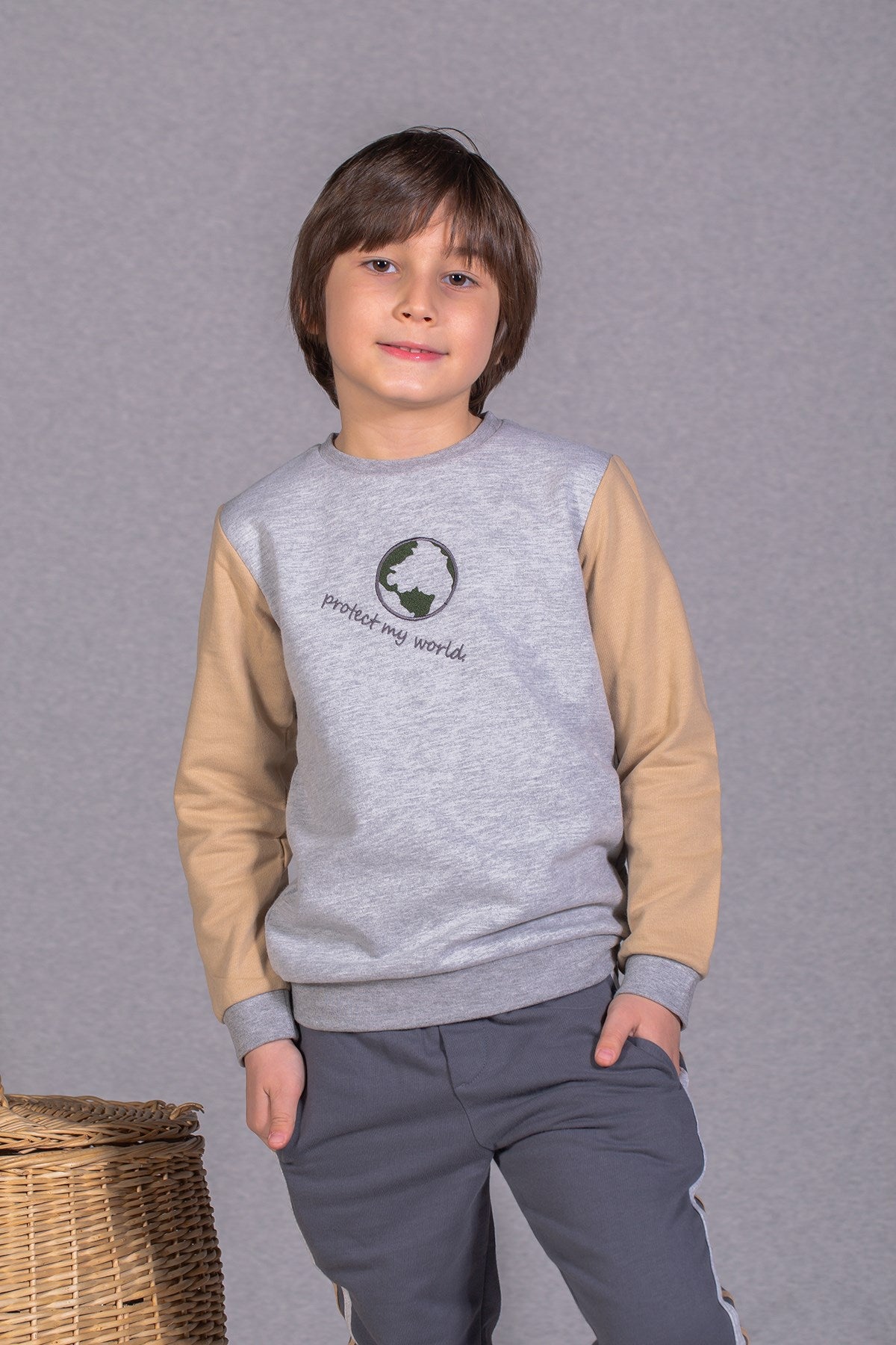 Erkek Çocuk Gri Dünya Nakışlı Sweatshirt (2-7yaş)-0