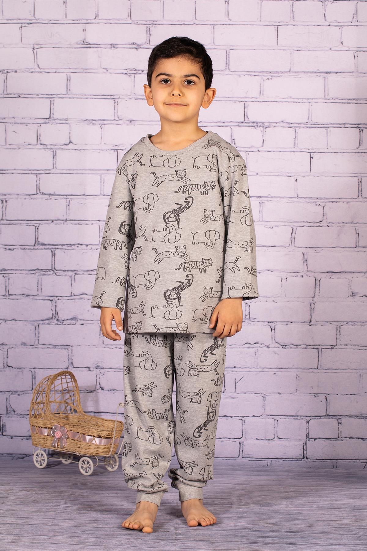 Erkek Çocuk Gri Hayvan Desenli Pijama Takımı-3