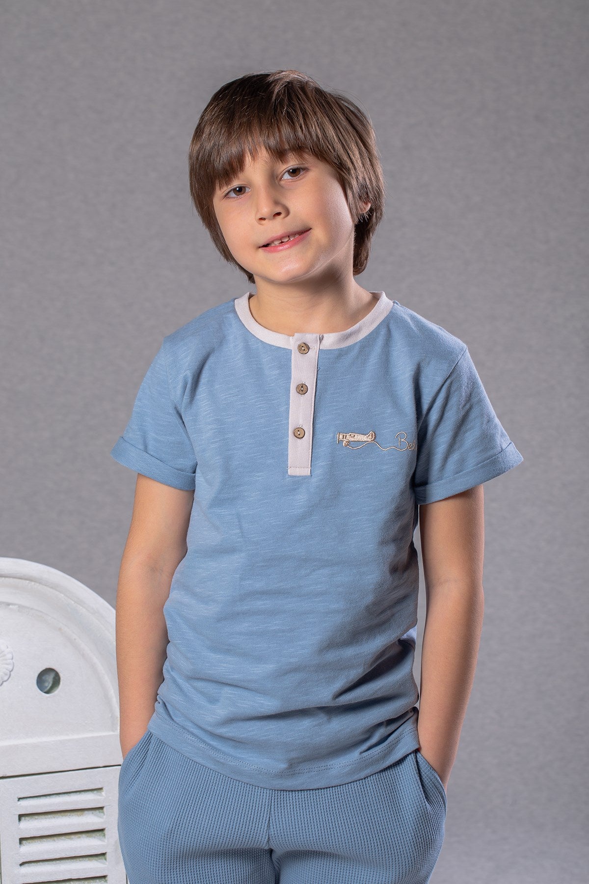 Erkek Çocuk Mavi Kolları Katlamalı T-Shirt (2-7yaş)-0