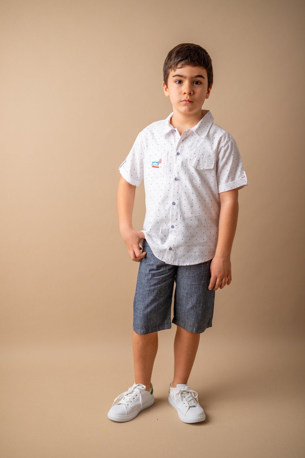 Erkek Çocuk Beyaz Desenli Cepli Marin Gömlek (5-14yaş)-2