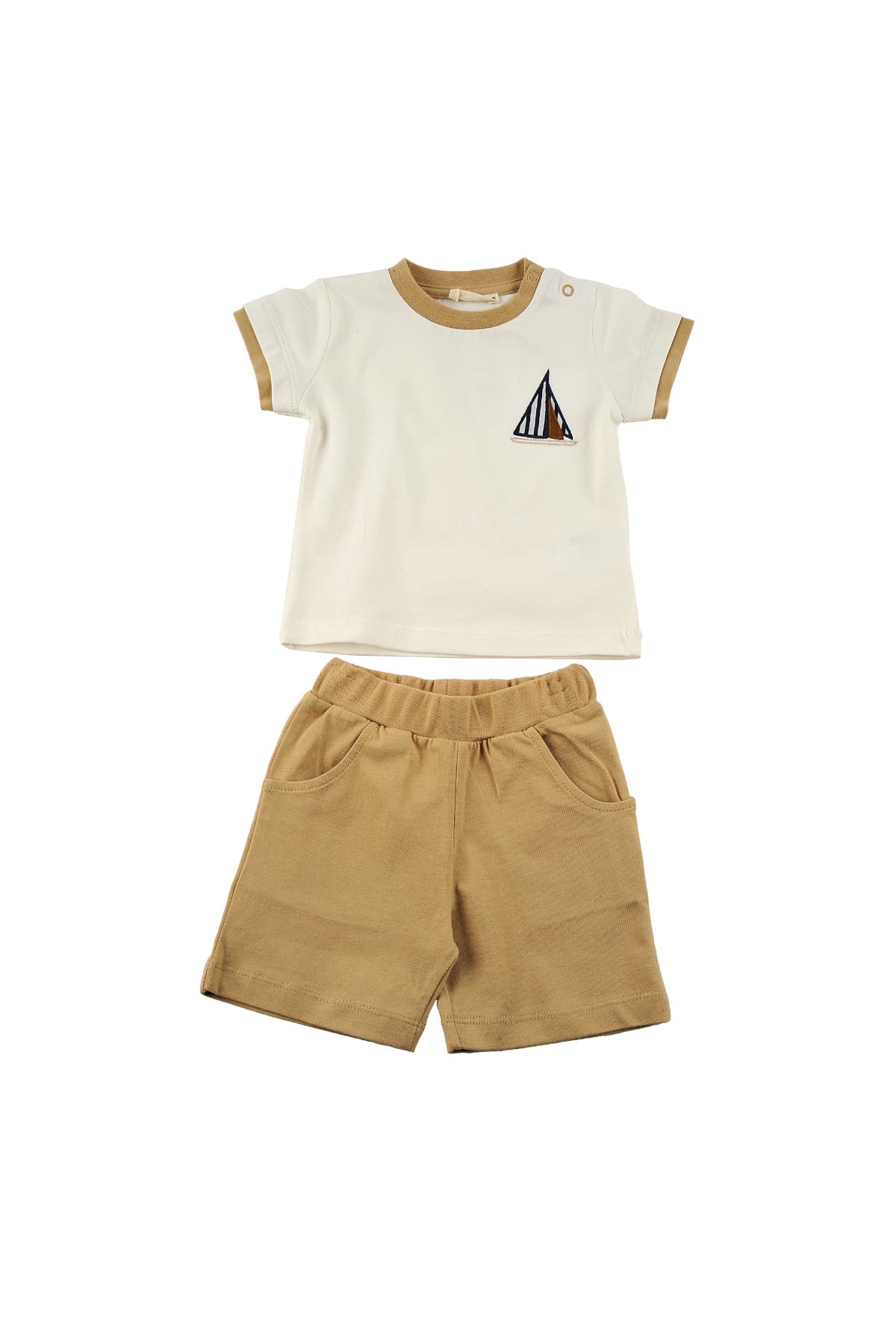 Erkek Bebek Ekru Yelken Desenli Çıtçıtlı T-Shirt ve Cepli Şort Takım (6ay-4yaş)-2