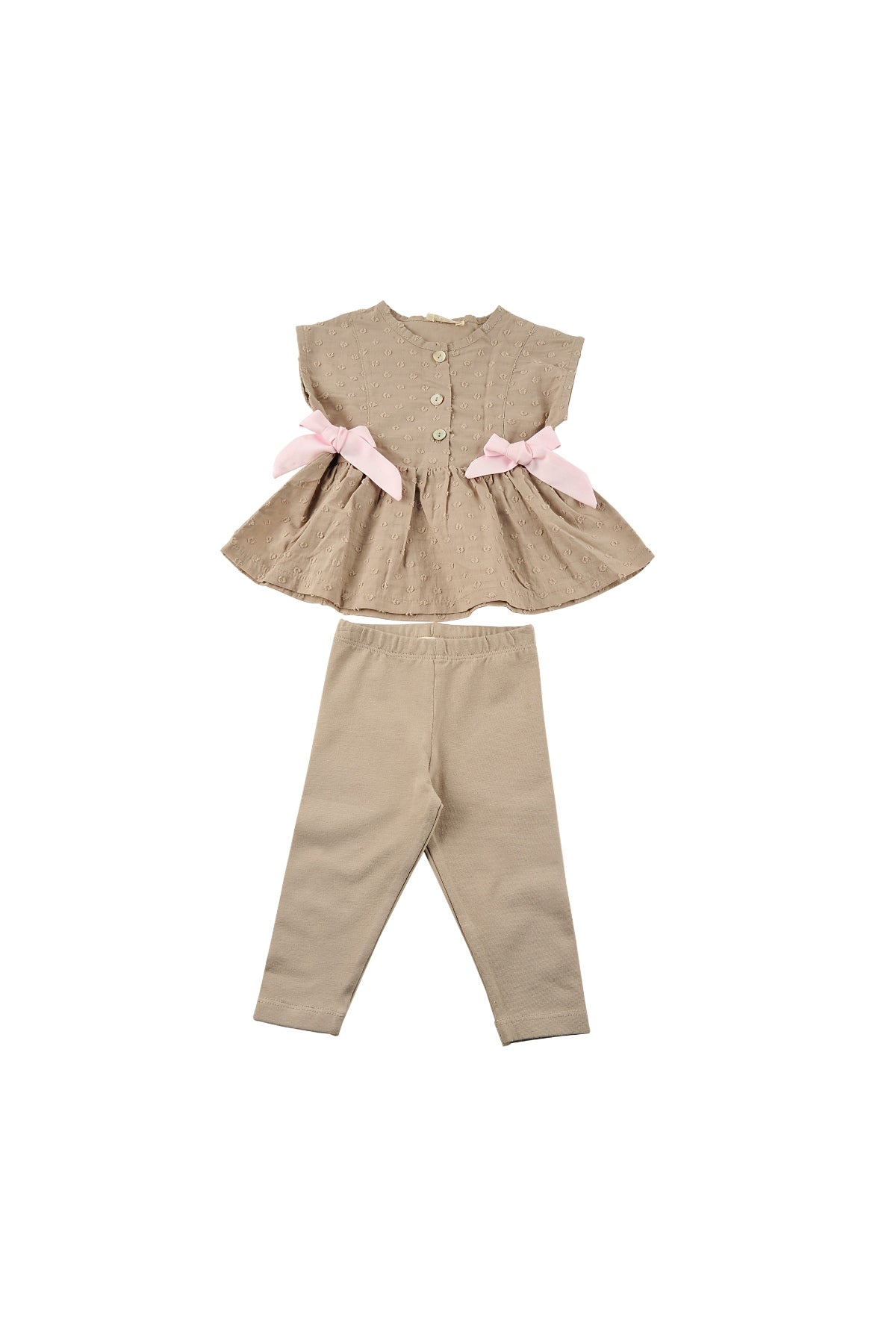 Kız Bebek Kahverengi Fisto Pembe Fiyonklu Bluz ve Tayt Takım (6ay-4yaş)-2