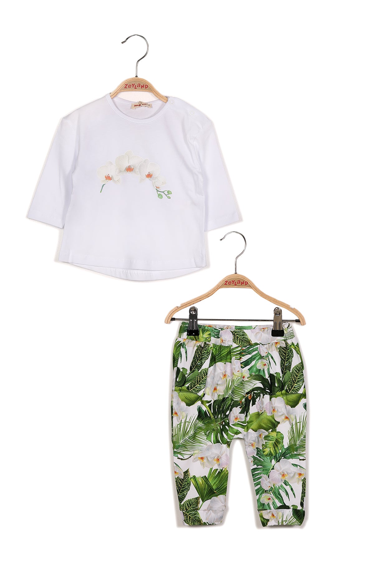 Kız Bebek Çiçek Baskılı Uzun Kollu T-shirt ve Yaprak Baskılı Tek Alt Takım-0